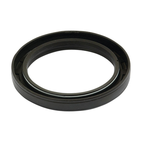 A close-up of the black, circular rubber Oil Seal 2.375 x 3.125 x 0.375 (Sparex Part No.S.40351) with a metallic spring inside the inner edge, designed for precision in machinery such as the Allis Chalmers Seal Front Crankshaft by Sparex.