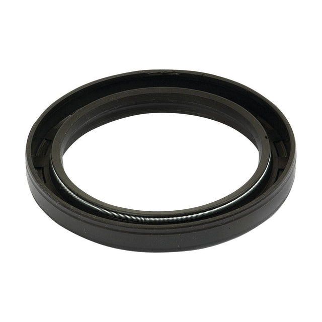 A close-up of the black, circular rubber Oil Seal 2.375 x 3.125 x 0.375 (Sparex Part No.S.40351) with a metallic spring inside the inner edge, designed for precision in machinery such as the Allis Chalmers Seal Front Crankshaft by Sparex.