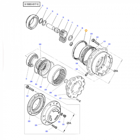 Exploded view diagram of a mechanical assembly for Massey Ferguson - Oil Seal - 3429167M1 by AGCO, complete with numbered components, including gears, bearings, and bolts, labeled 3-1985-017-C.