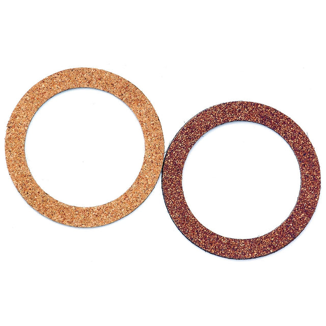 Two circular gaskets are displayed side by side on a white background: one is made of beige cork material, and the other is the Sparex Oil Seal, 54 x 71 x 2.5mm (Part No. S.58832), made of brown abrasive material, ideal for John Deere equipment.