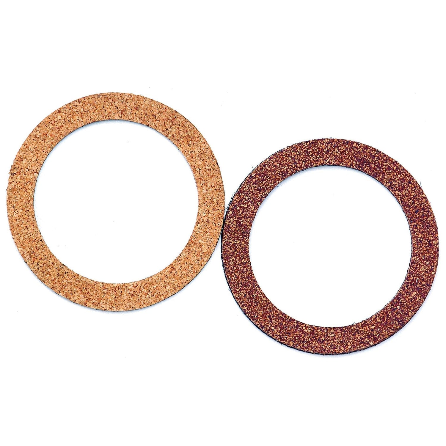 Two circular gaskets made of different materials are placed side by side on a white background. One gasket is light brown and the other is dark brown, reminiscent of high-quality Sparex Oil Seals (Part No. S.58832) measuring 54 x 71 x 2.5mm, often found in John Deere machinery.