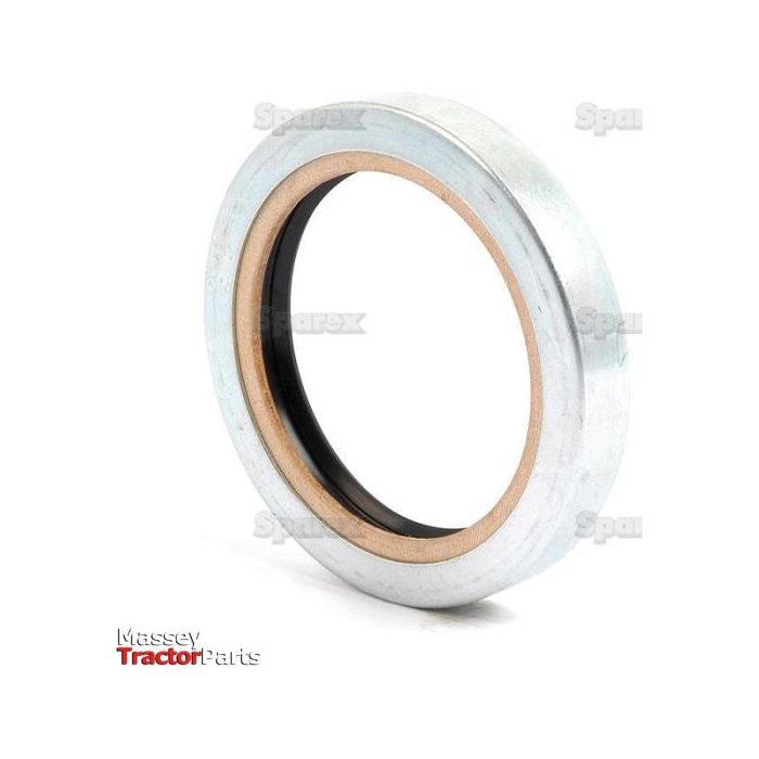 Close-up of a silver metal ring-like mechanical part displayed on a white background with small text "Sparex" and a logo reading "Massey Tractor Parts" in the corner. This Oil Seal, 69.85 x 92.07 x 14.30mm (Sparex Part No.S.5946) is compatible with Massey Ferguson models.