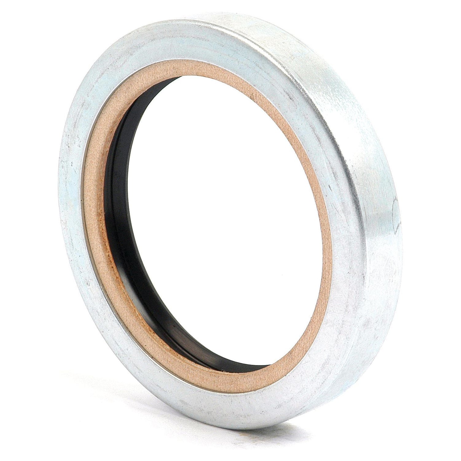 A metal and rubber mechanical seal ring, the Oil Seal 69.85 x 92.07 x 14.30mm (Sparex Part No. S.5946) by Sparex, viewed from an angled perspective, designed for preventing fluid leakage in machinery such as Massey Ferguson tractors.