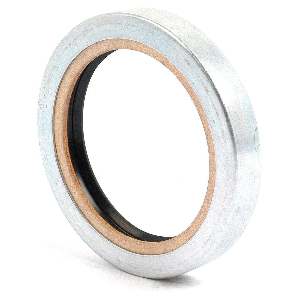 A metal and rubber mechanical seal ring, the Oil Seal 69.85 x 92.07 x 14.30mm (Sparex Part No. S.5946) by Sparex, viewed from an angled perspective, designed for preventing fluid leakage in machinery such as Massey Ferguson tractors.