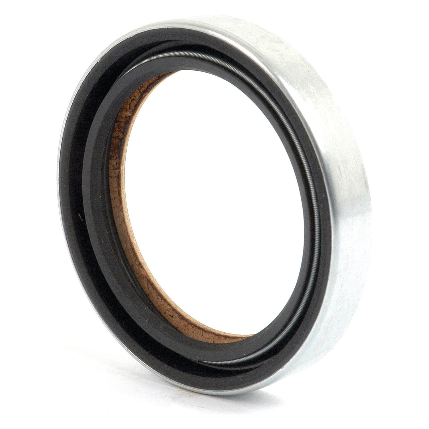 A close-up view of the Sparex Oil Seal (69.85 x 92.07 x 14.30mm, Part No.S.5946), showcasing its circular metal and rubber construction with a hollow center, designed to prevent leakage in machinery such as those used by Caterpillar and Massey Ferguson.