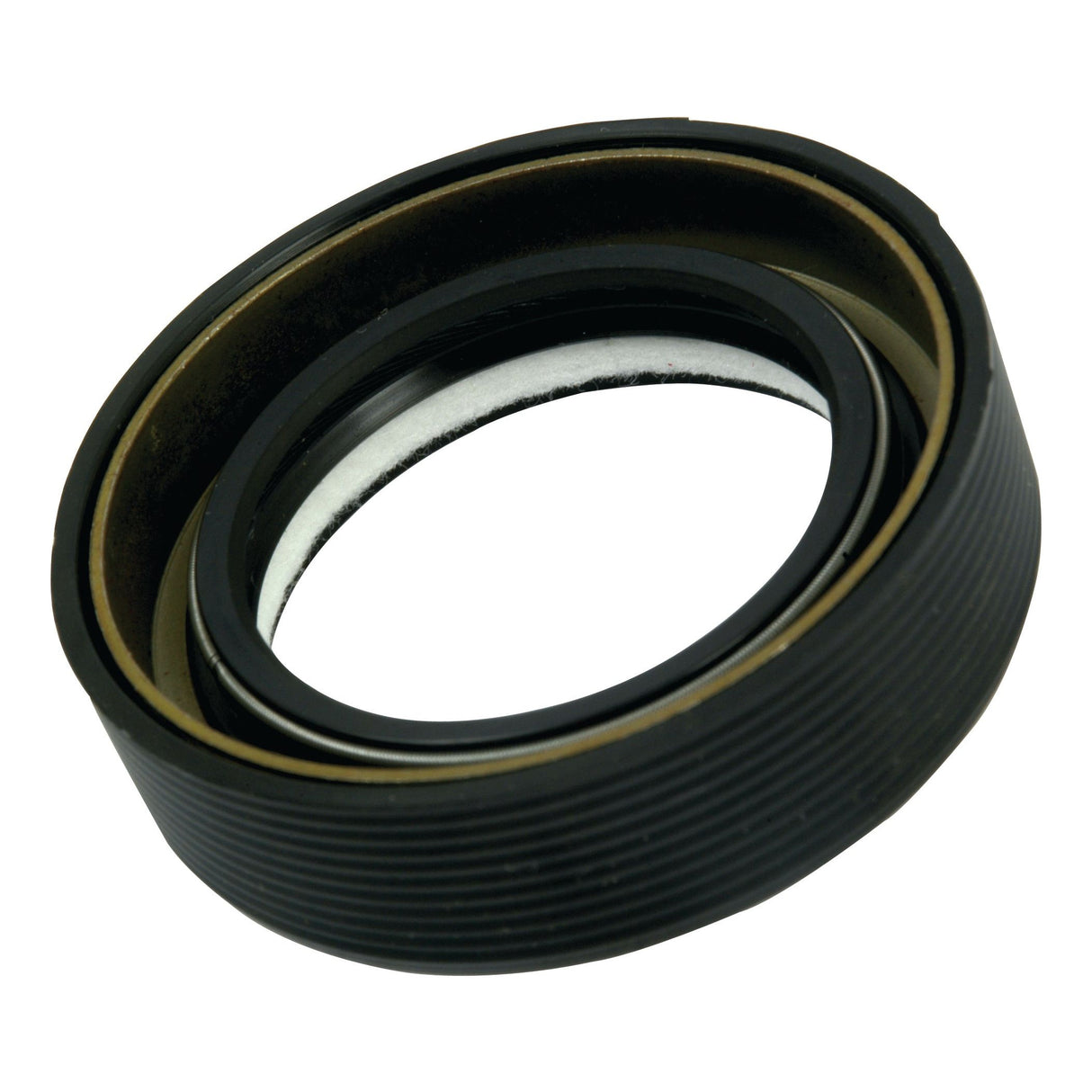 A close-up image of the Oil Seal 141 x 120 x 11.3mm (Sparex Part No.S.65359), compatible with Ford/New Holland tractors, displays a circular seal featuring a ribbed outer surface and a smooth inner ring. The image reveals layers of different materials, highlighting the high-quality craftsmanship associated with Sparex.