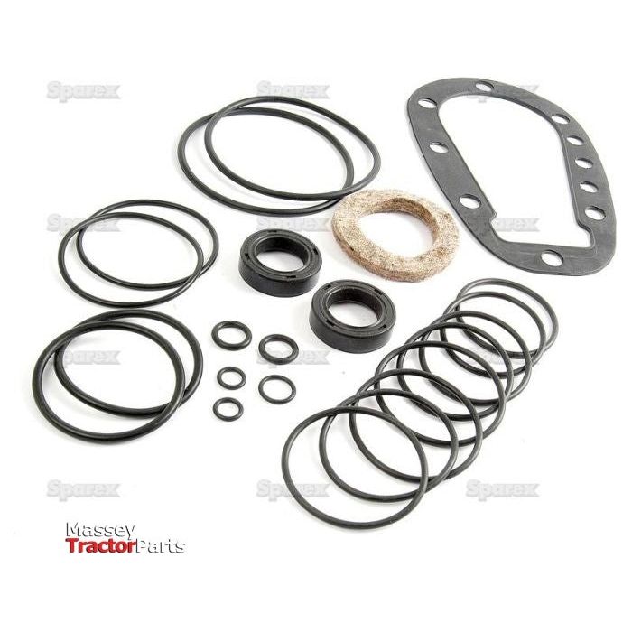 A collection of various rubber and cork gaskets, O-rings, and seals from the Sparex Orbital Motor Seal Kit (Sparex Part No. S.66377) laid out on a white background.