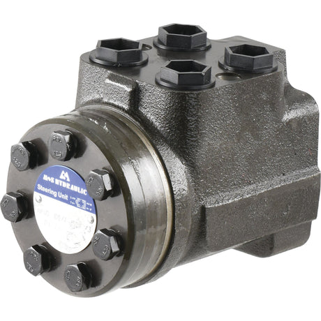 A hydraulic steering unit in black featuring several hexagonal bolts on top and a blue-and-white Sparex manufacturer's label on the side, known as the Orbital Steering Unit (Sparex Part No.S.42755), compatible with Massey Ferguson models.