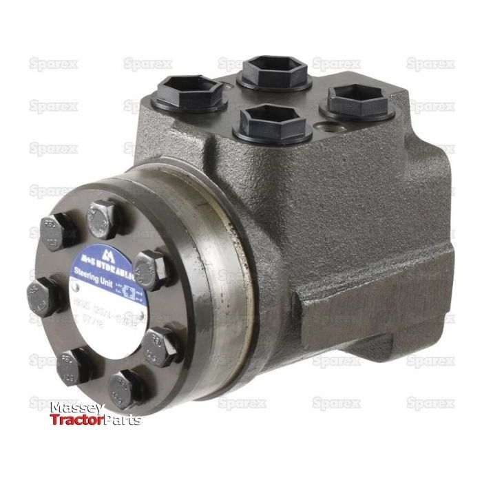 Close-up of a Massey tractor component, specifically an Orbital Steering Unit (Sparex Part No. S.56851) with multiple bolts, and a manufacturer's label from Sparex.