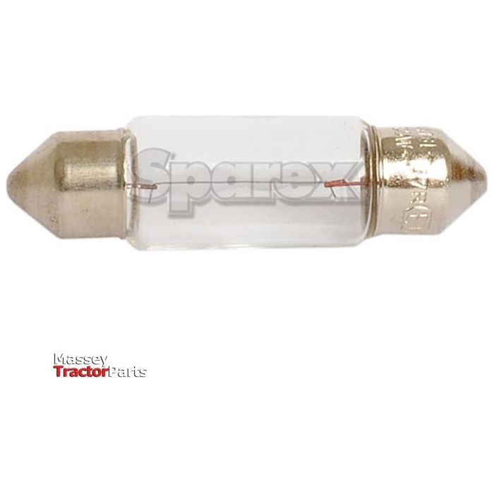 Close-up of a cylindrical glass fuse with metal ends, labeled with "Sparex" and "Massey Tractor Parts" logos in the background. The scene is reminiscent of precision-engineered components like the Light Bulb (Halogen) C5W, 12V, 5W, SV8.5-8 (Box 1 pc.) | Sparex Part No.S.53272, ensuring reliability for your tractor maintenance needs.