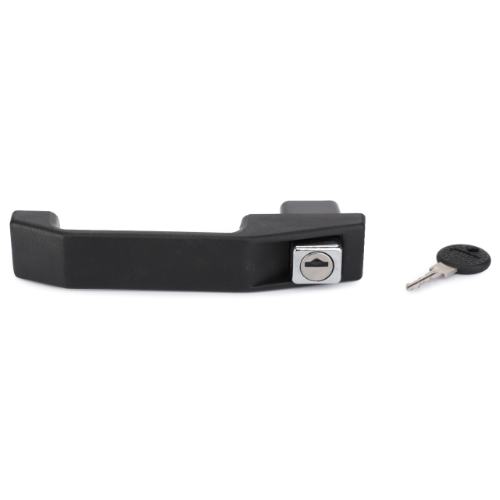 An AGCO Massey Ferguson - Outer Door Handle 3000srs (Part No: 3385314M91) in black, featuring an integrated lock mechanism and a separate metal key positioned to the right, reminiscent of the robust design from the Massey Ferguson 3000 Series.