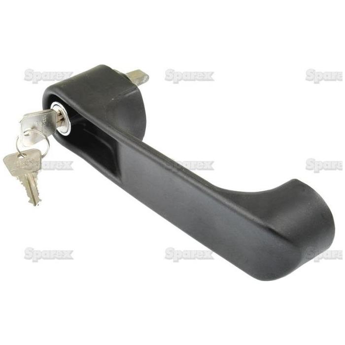 The Outer Door Handle RH & LH (Sparex Part No. S.20933), compatible with Ford New Holland, features a black handle and an attached set of keys inserted into the lock mechanism. Perfect for secure access, this Sparex product ensures durability and reliability.
