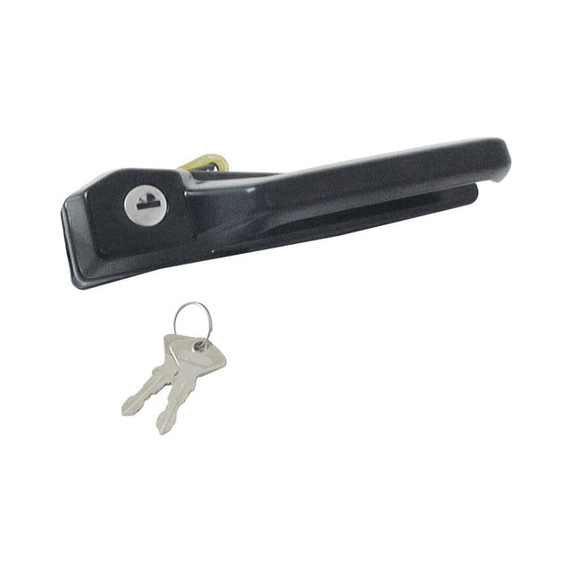 Outer Door Handle RH by Sparex (Part No. S.62234), compatible with Fiat Tractors, black locking door handle assembly includes two attached keys.