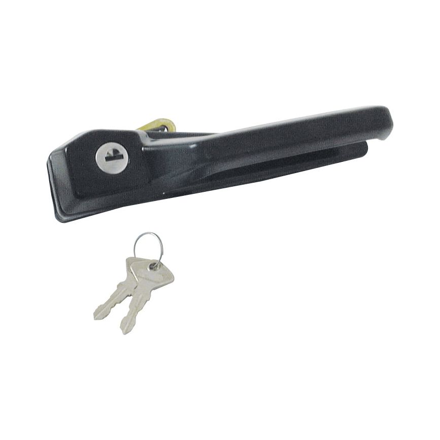 Sparex Outer Door Handle RH (Part No. S.62234) features a black locking handle assembly with an integrated keyhole and comes with two silver keys on a ring, ideal for your Sparex or Fiat Tractor.