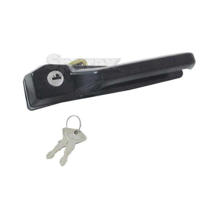 Sparex's Outer Door Handle RH, Part No. S.62234, is a black door handle assembly with an integrated lock and comes with a pair of keys on a keyring placed beside it, perfect for Fiat Tractors.