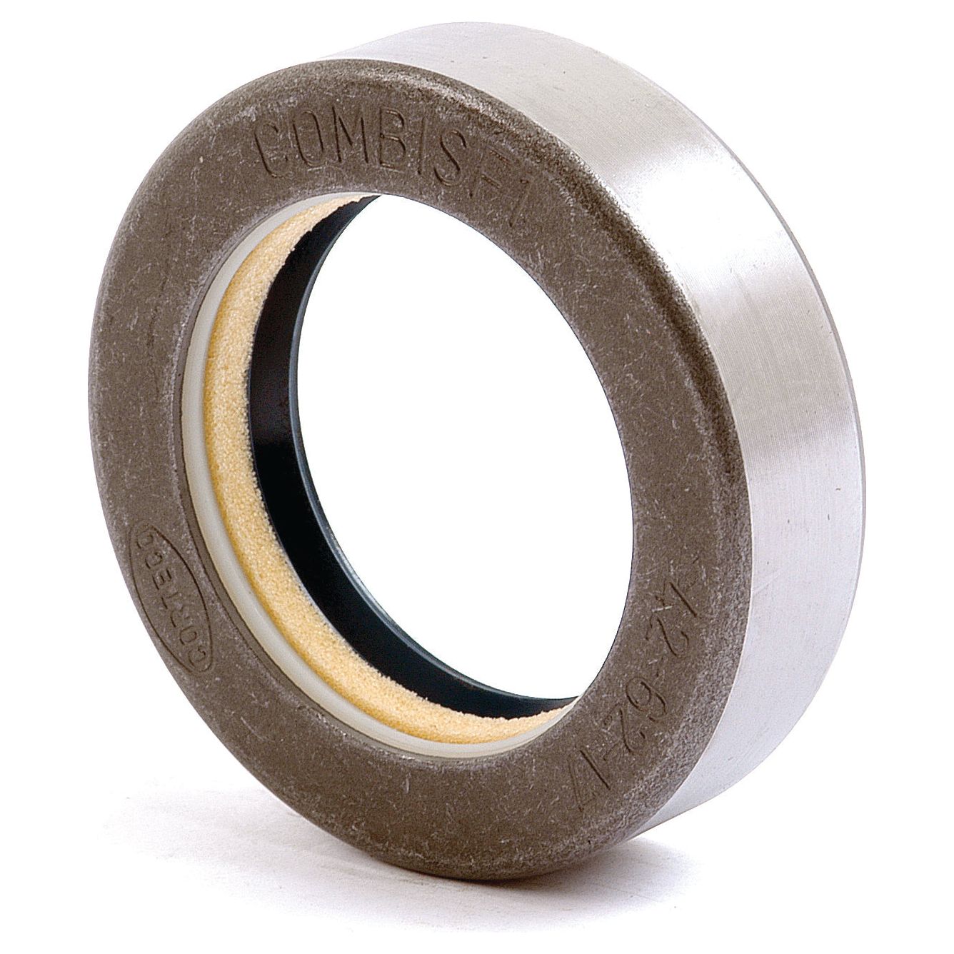 The Outer Seal | Sparex Part No. S.58939 is a metal mechanical seal ring with an internal diameter designed for sealing applications, featuring a reflective outer surface and branded markings on the exterior, making it ideal for use in Case IH and Ford New Holland machinery.