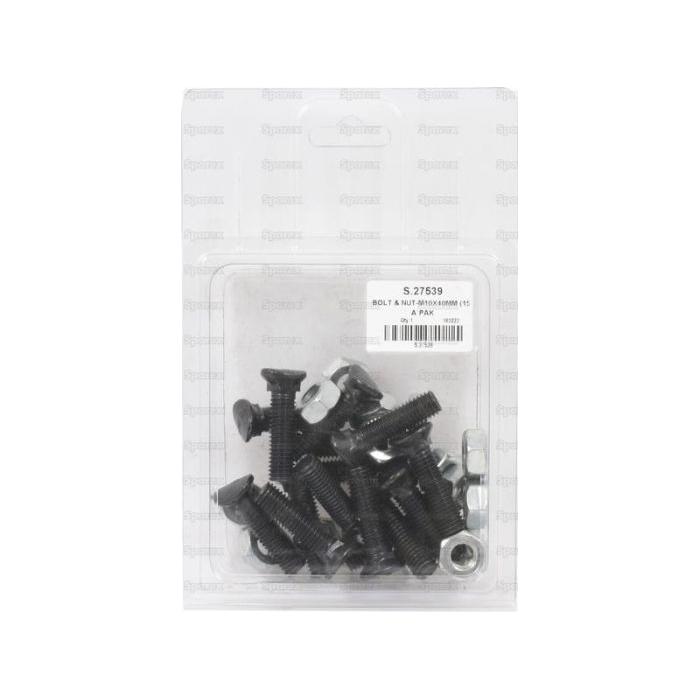 A clear plastic package containing 15 black Oval Head Bolt Square Collar With Nut (TOCC) - M10 x 38mm, with a tensile strength of 8.8, labeled with Sparex Part No. S.27539 and description.