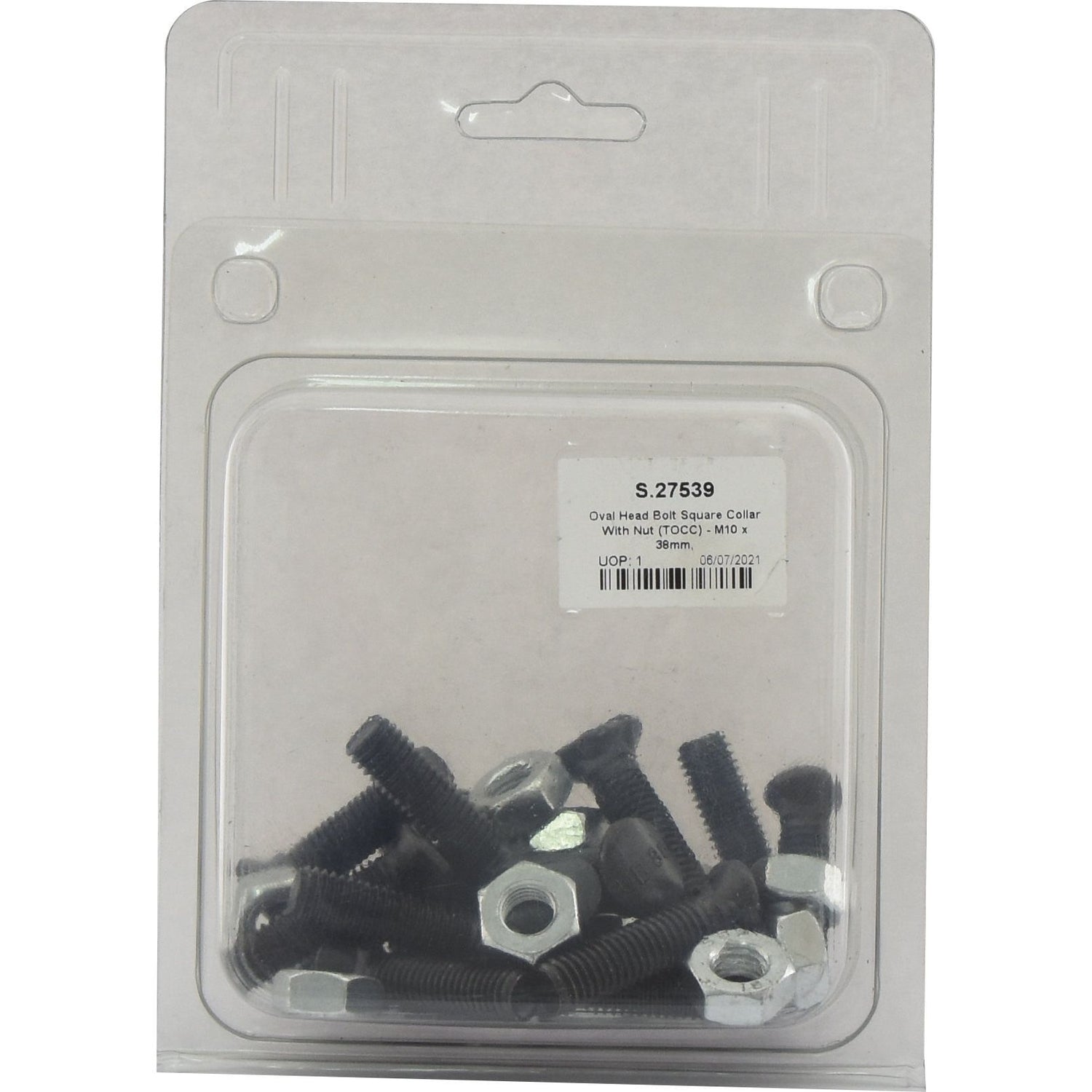 A clear plastic package containing black oval-head bolts with square collars and hex nuts, all featuring a self-color finish. The label indicates the contents are Oval Head Bolt Square Collar With Nut (TOCC) in M10 x 38mm size with tensile strength 8.8. This package includes 15 pieces and is branded Sparex, Part No.S.27539.