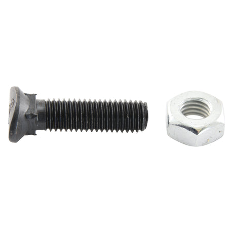 An Oval Head Bolt with Square Collar and Nut (TOCC) from Sparex, featuring a black rectangular head and a silver hex nut on a white background, demonstrating an impressive tensile strength of 8.8.