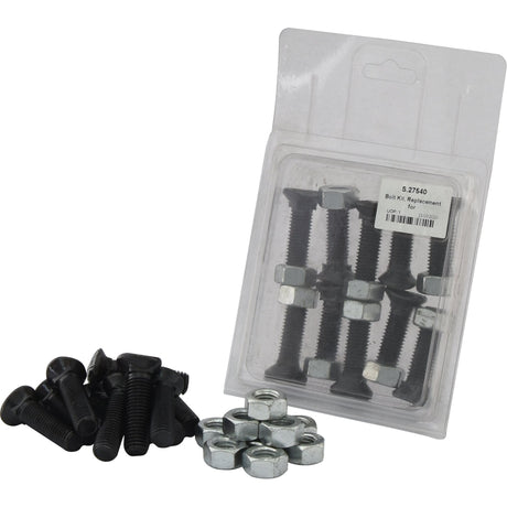 The image displays a package of the 'Oval Head Bolt Square Collar With Nut (TOCC)' from Sparex. Labeled with Sparex Part No. S.27540, the Agripak contains neatly arranged M12 x 48mm bolts and nuts, alongside extra bolts and nuts scattered nearby. All components in the pack, which includes 10 pieces, are designed with a metric thread and have a high tensile strength of 8.8, ensuring reliability across various applications.
