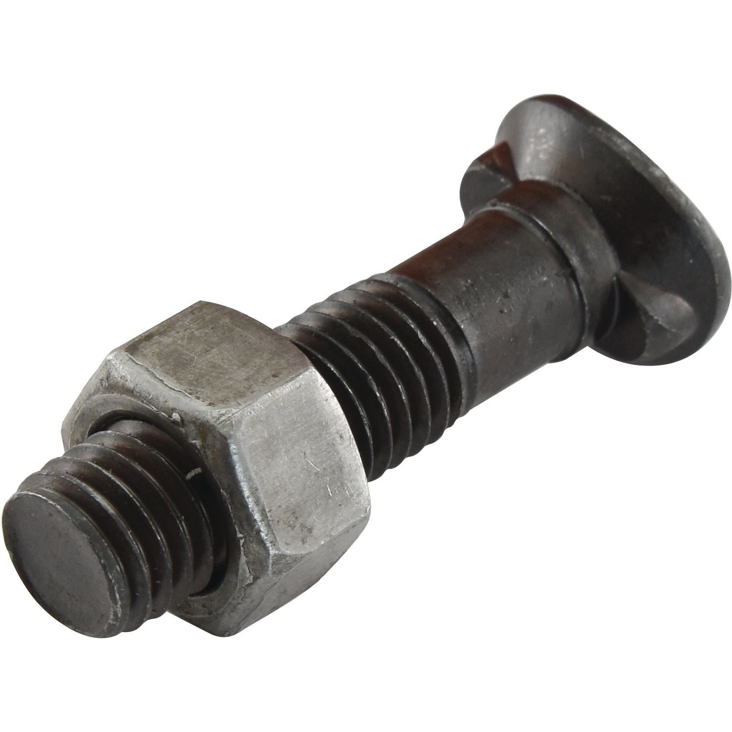 A close-up view of a Sparex Oval Head Double Nib Bolt With Nut (TO2E) - M12 x 64mm, Tensile strength 10.9 (25 pcs. Box), Sparex Part No.S.72421, with a hexagonal nut partially threaded onto it.