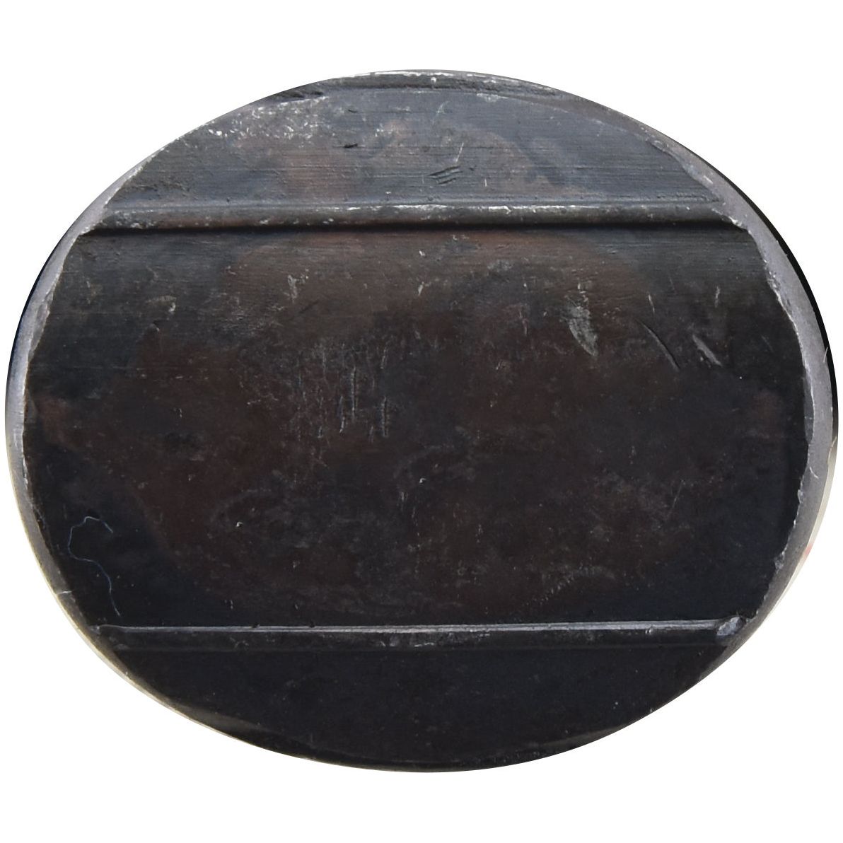 A metal object with an oval head featuring a flat dark surface and two raised horizontal lines, reminiscent of the Sparex Oval Head Double Nib Bolt With Nut (TO2E) - M12 x 64mm, Tensile strength 10.9 (25 pcs. Box), Sparex Part No.S.72421.