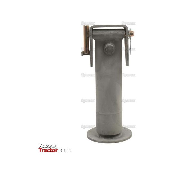 A vertical gray metal part with a round base and two raised horizontal arms, labeled "Massey Tractor Parts" at the bottom left. This durable steel PARKING JACK-5T HYDRAULIC - S.2338 by Sparex boasts a maximum static load of 5670 kgs.