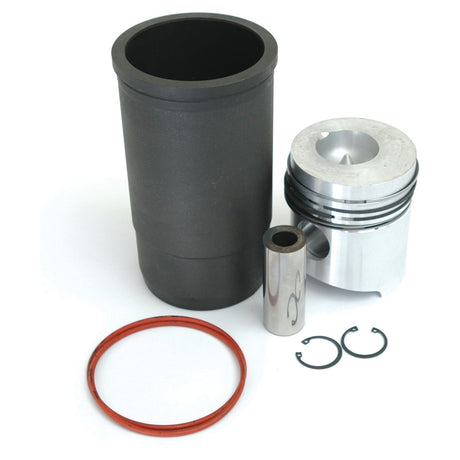 A Piston Ring and Liner Kit by Sparex (Part No. S.37710) for a Fendt Farmer, featuring a cylinder sleeve, piston, wrist pin, two piston rings, and two circlips meticulously arranged on a white background. The bore measures 95 mm.