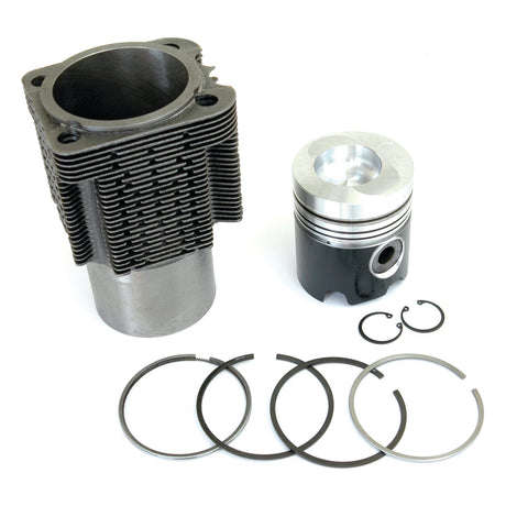 A Sparex Piston Ring and Liner Kit (Part No. S.37785), compatible with Deutz-Fahr, including a cylinder, piston, piston rings, and circlips, is arranged on a white surface.
