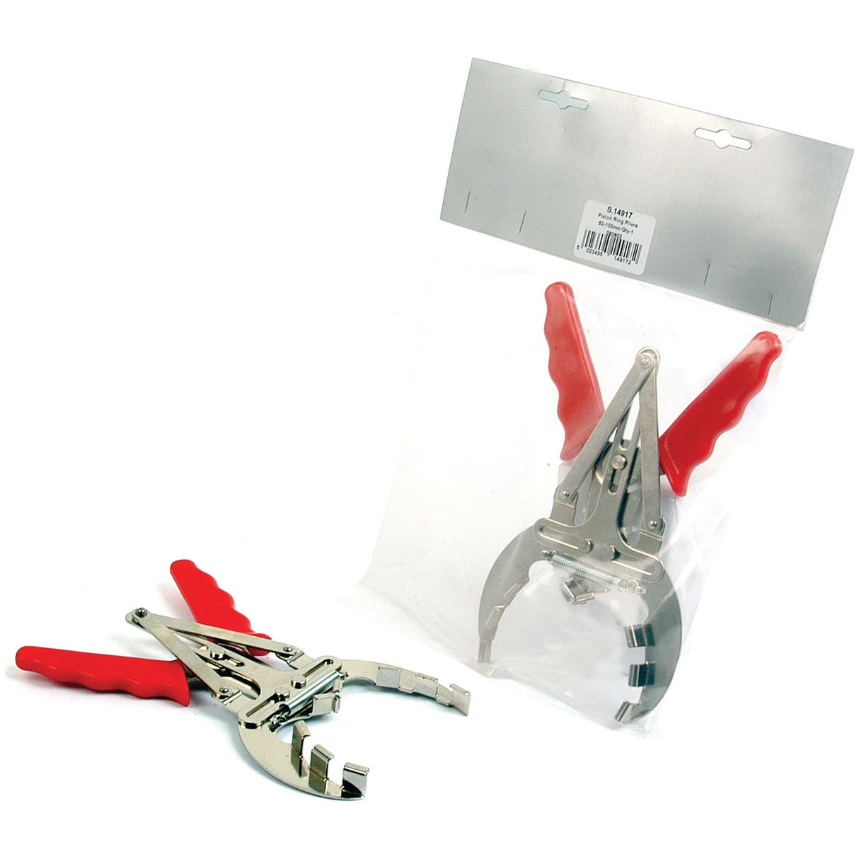 Two red-handled PLIERS-PISTON RING 50-100MM tools from Sparex (Part No. S.14917) are shown. One tool is out of its packaging, while the other is enclosed in a clear plastic bag with a gray top and barcode, designed for ring breakage prevention.