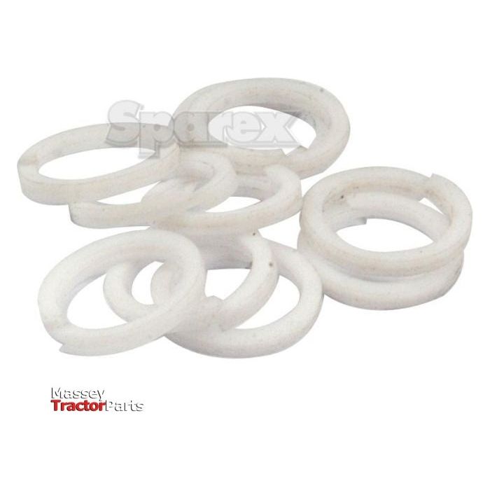 A cluster of white PTFE Back-Up Ring Bs012 Spirals closely arranged, with "Sparex" and "Massey Ferguson Tractor Parts" visible in the background.