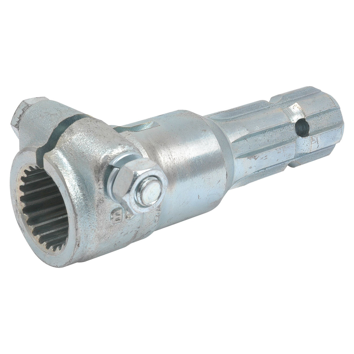 A heavy-duty Sparex PTO Adaptor (S.15866), featuring a hexagonal end, a threaded bolt, and a cylindrical base with internal gear teeth, designed for applications over 70HP with specifications of Female spline 1 3/8'' - 21 x Male spline 1 3/8'' - 6 with Clamp Bolt.