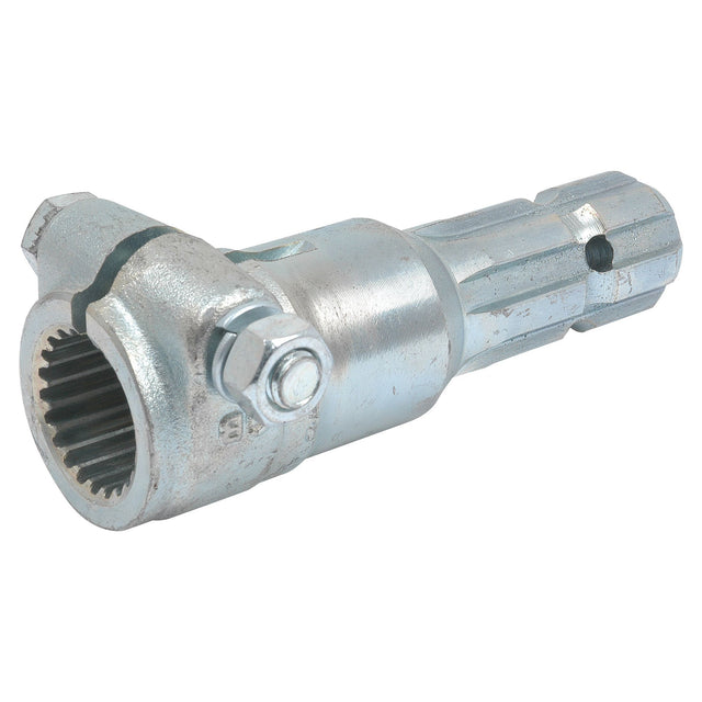 A heavy-duty Sparex PTO Adaptor (S.15866), featuring a hexagonal end, a threaded bolt, and a cylindrical base with internal gear teeth, designed for applications over 70HP with specifications of Female spline 1 3/8'' - 21 x Male spline 1 3/8'' - 6 with Clamp Bolt.
