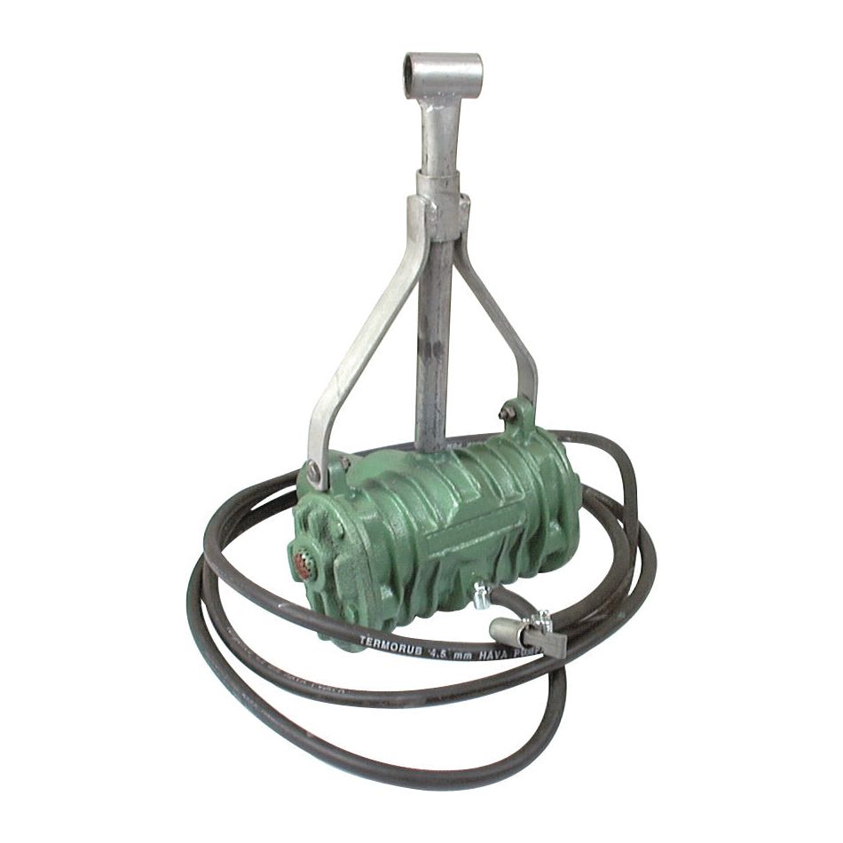 The PTO Air Compressor - Twin Cylinder (Sparex Part No. S.71184) by Sparex is a green industrial compressor with a metal handle and attached hose, designed for efficient water or liquid transfer applications, featuring twin cylinder functionality.