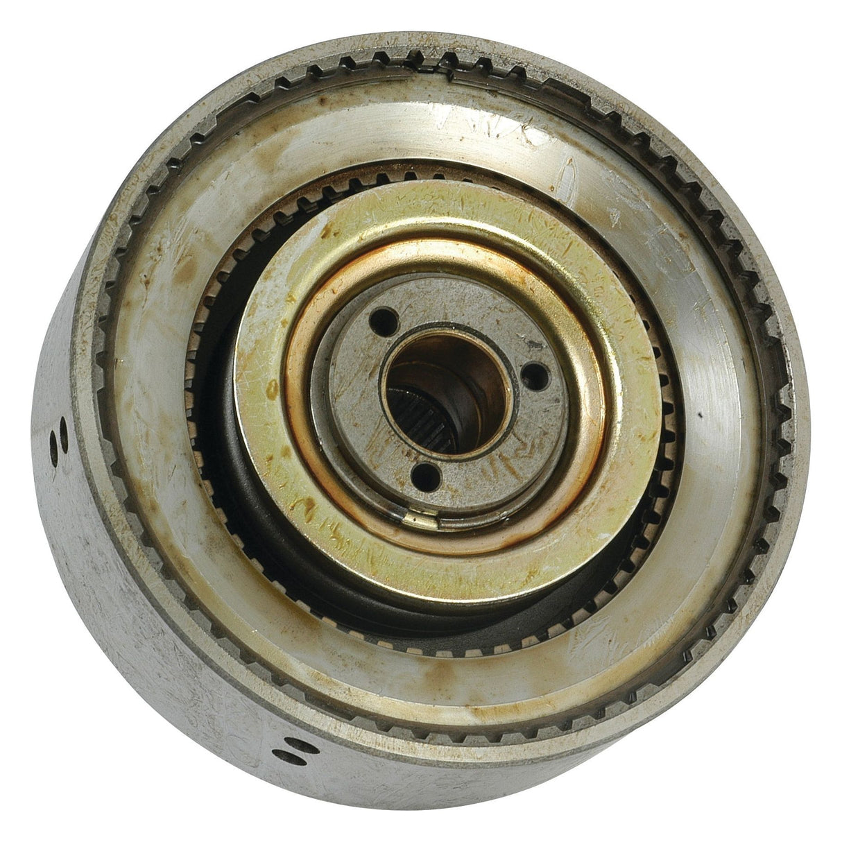 Close-up of a metal mechanical component with circular gears and rings, likely part of an engine or machinery. This item, resembling a Sparex PTO Clutch Pack (Sparex Part No.S.66261), shows signs of use with some discoloration and wear.
