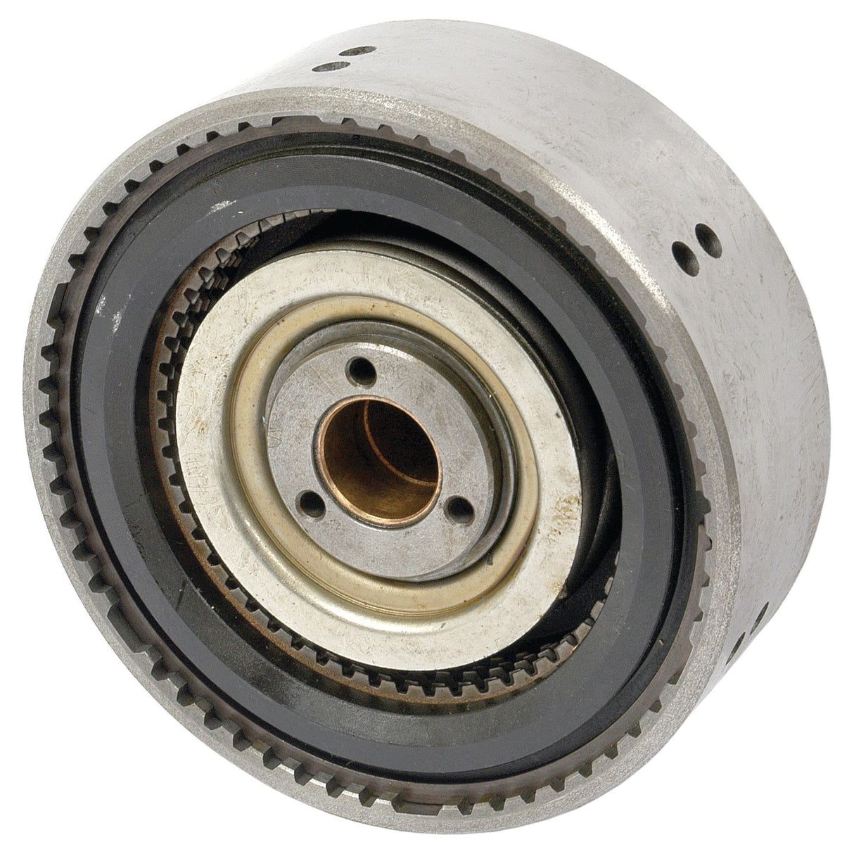 A close-up of a metal mechanical component with multiple interlocking gears and a central cylindrical bearing, resembling the precision found in the Sparex PTO Clutch Pack (Part No. S.66262).