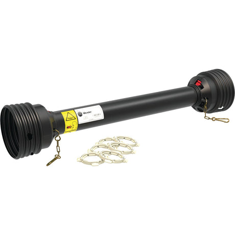 A picture of a large Sparex PTO Complete Guard Kit, black in color and 1360mm long, featuring German and Italian type safety markings, chains, and protective covers on both ends. Several metal bearing ring kits are laid out in front of the Sparex Part No. S.59665 shaft.