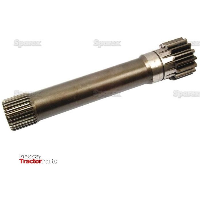 The Sparex PTO Input Shaft - S.65349 is a steel tractor part with two sets of gear splines on opposite ends, featuring 29 spline and 15 teeth designs, and labeled under Massey Tractor Parts.