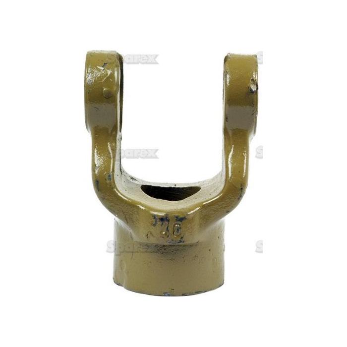 Close-up of a Sparex yellow metal PTO Yoke - Pinhole Yoke with two arms and a central hole, used in mechanical or engineering applications. This component is compatible with Universal Joint Dimensions from the Sparex German Series (U/J Size: 27 x 74.5mm) Bore Ø30mm, Pin Ø: 10mm. | Sparex Part No.S.6514