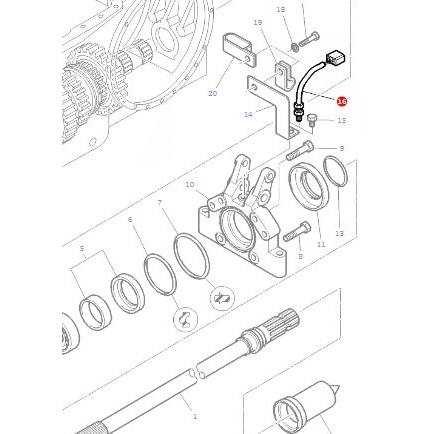 Illustrated diagram showing an exploded view of various mechanical components, including gears, shafts, seals, and mounting brackets with numbered labels for identification; prominently featuring the Massey Ferguson - PTO Sensor Cable - 6631692A1,3550710M91 by AGCO for the Massey Ferguson 1007 model.