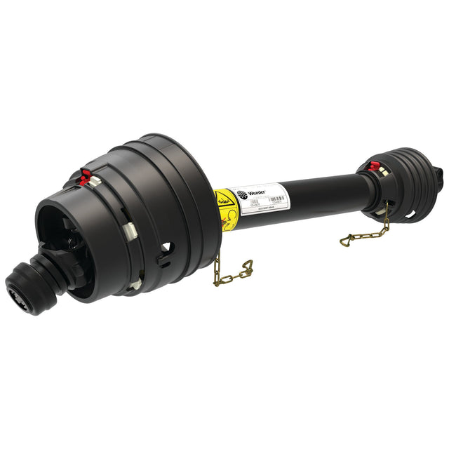 The Sparex Weasler PTO Shaft - EUCV Wide Angle, with an 860mm length and cylindrical ends featuring a 1 3/8'' x 6 Spline 80° W.A. to a 1 3/8'' x 6 Spline Q.R., includes safety chains and is designed for power transmission in machinery, perfectly compatible with the Weasler German Series at 540RPM.