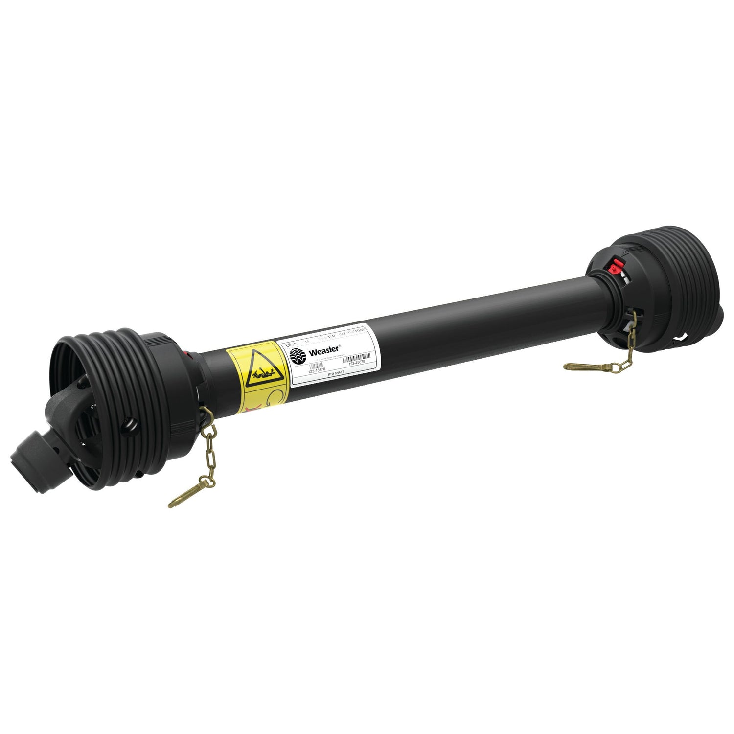 A black Weasler PTO Shaft - (Lz) Length: 860mm, 1 3/8'' x 6 Spline Q.R. to 1 3/8'' x 6 Spline Q.R. (Product Code: S.23246) by Sparex, featuring yellow warning labels and spring-loaded pins on both ends.