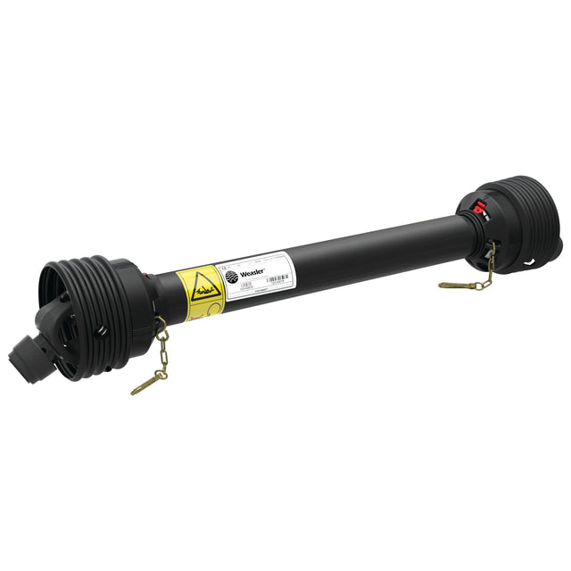 A black Weasler PTO Shaft - (Lz) Length: 860mm, 1 3/8'' x 6 Spline Q.R. to 1 3/8'' x 6 Spline Q.R. (Product Code: S.23246) by Sparex, featuring yellow warning labels and spring-loaded pins on both ends.