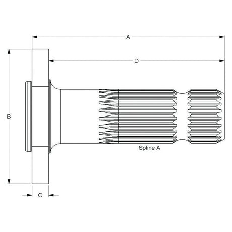 Detailed technical drawing of a Sparex PTO Shaft - S.260053 component, annotated with dimensions labeled as A, B, C, and D. Notably, Spline A is highlighted. This 21 Spline PTO Shaft design is compatible with Massey Ferguson machinery.