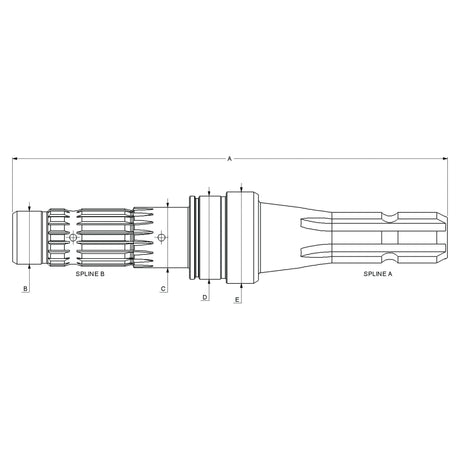 Technical drawing of a mechanical part, specifically the PTO Shaft - S.260158 by Sparex, for a Massey Ferguson, with labeled sections Spline A and Spline B, and several measurements denoted by letters A through E.