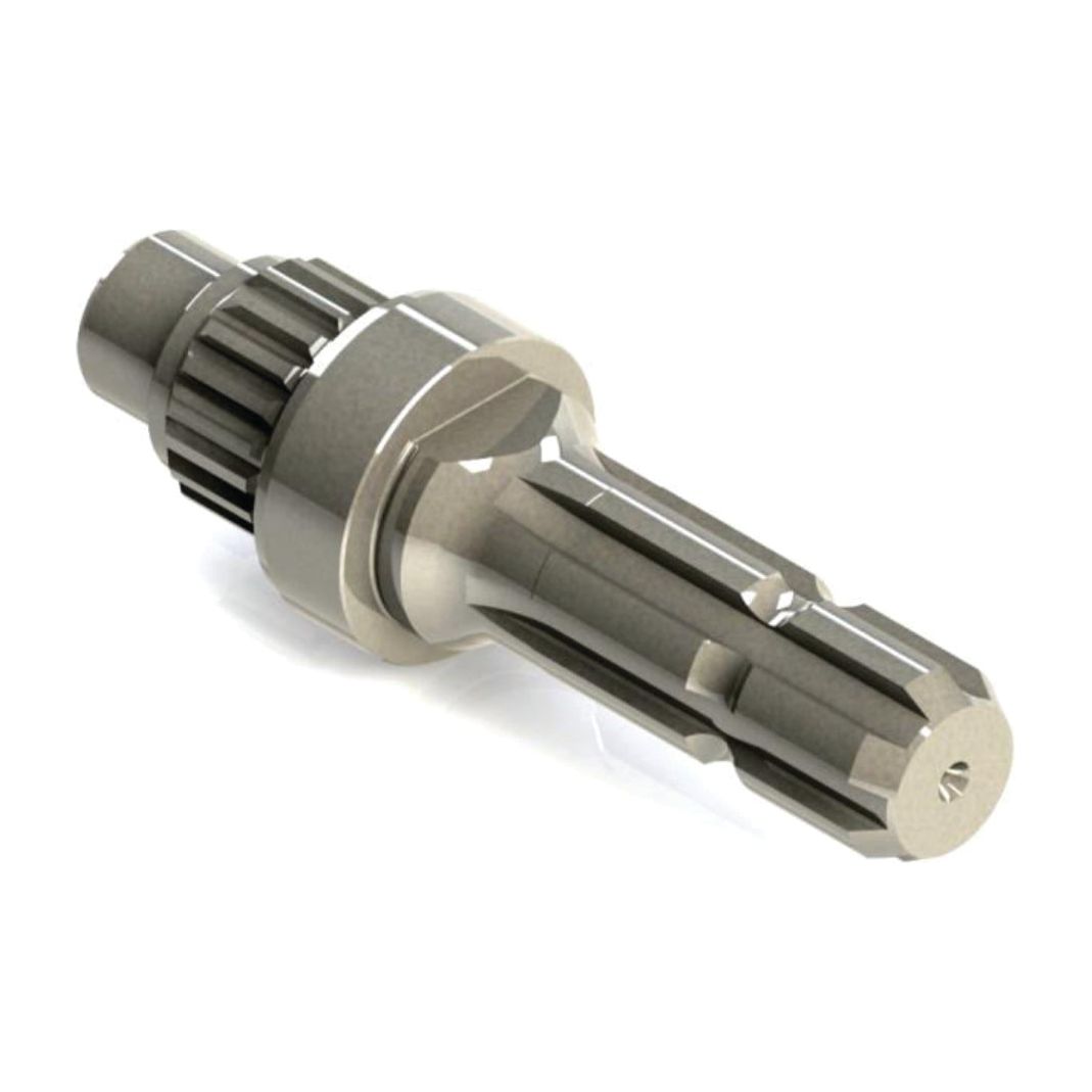 A metallic, cylindrical mechanical component with gear teeth and a 1 3/8'' - 6 splined shaft, the Sparex PTO Shaft - S.260196, set against a white background.
