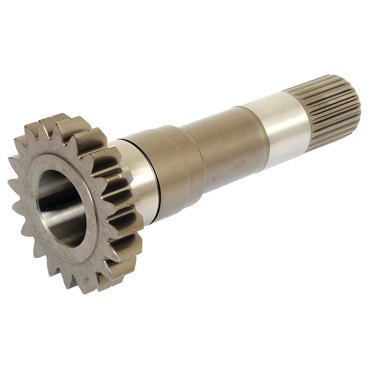 The PTO Shaft - S.43895 by Sparex is a steel gear shaft featuring a toothed gear on one end and a grooved section with splines on the opposite end.