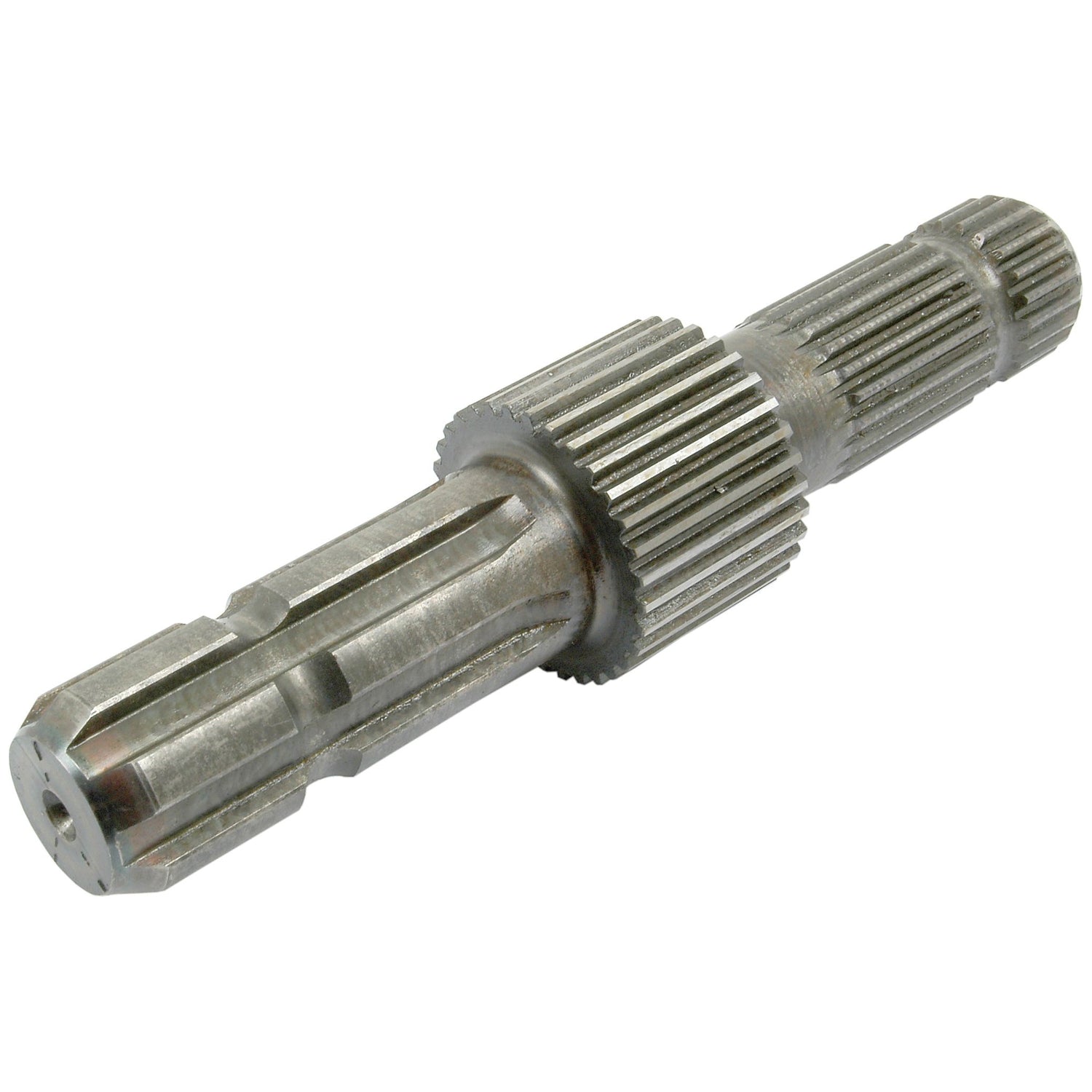 A close-up image of a metal splined shaft with multiple gears and grooves, similar to those used in mechanical and industrial applications, can be showcased beautifully on the Sparex PTO Shaft Display Stand - Stock not included - S.74659.