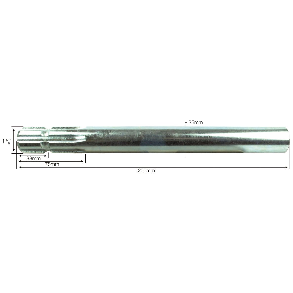 The Sparex PTO Splined Shaft (Part No. S.16384) is a 200mm long metal cylindrical rod with a fluted end, measuring 1 3/8 inches in diameter at one end and 35mm at the other, featuring precise Sparex measurements.