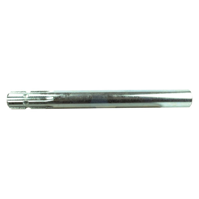 Metal cylindrical object with ridges on one end, resembling a metallic rod or spindle, similar to the Sparex PTO Splined Shaft - One End - 1 3/8'' - 6 Spline, Length: 200mm (Part No. S.16384).